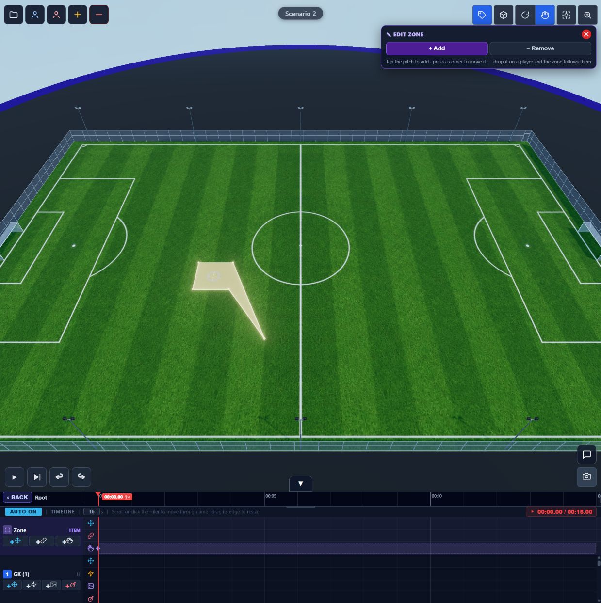 Current Edit Zone panel with Add and Remove buttons above a selected zone on the pitch