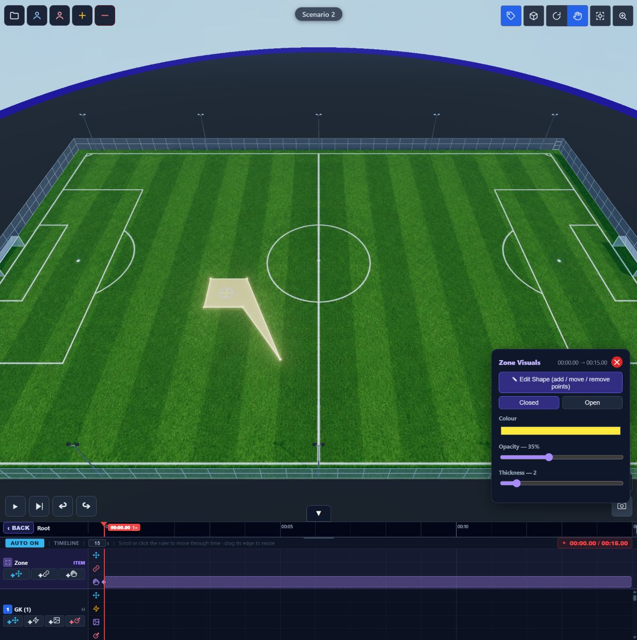 Current Zone Visuals panel with Edit Shape, Closed and Open, colour, opacity and thickness controls